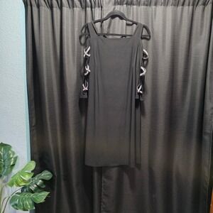 MSK Womens Black Cold Shoulder Rhinestone Lattice Sleeve Jersey Dress Size M